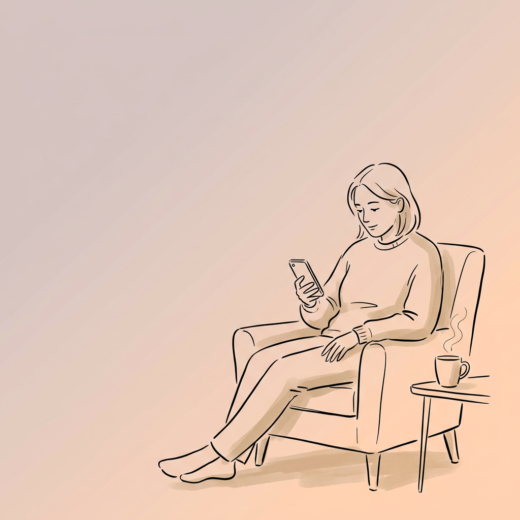 Line drawing of a person in an armchair looking at a phone, a mug steaming on the table beside them. A generated illustration.
